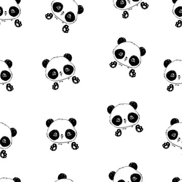 Hand drawn seamless pattern background with cute panda vector