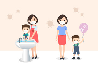 COVID-19 Prevention, Wearing Mask, Washing Hands, Family, Mom, Son