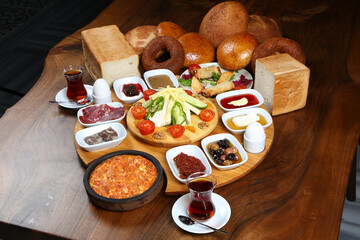  Traditional Turkish Breakfast on the wooden table