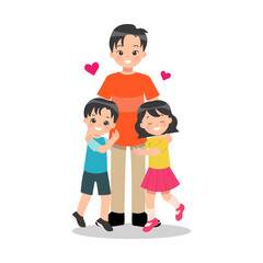 Young single parent father with her children. Boy and girl embrace their dad with love. Happy father's day