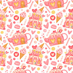 Valentine's day cute seamless pattern. Valentine's gingerbread houses pattern. Valentine's sweets pattern.
