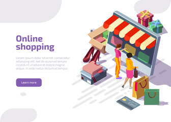 Online shopping isometric landing page, customers purchasing in digital store. Women choose goods at huge computer with internet market platform. Buyer use shop app on computer. 3d vector web banner.