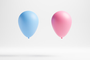 Gender Reveal Party. Two balloons on isolated white background. One balloon is blue and the other is pink. 3d illustration