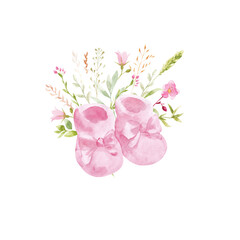 Watercolor girl baby shower design elements. Pink booties and flowers on white background. Cute children birthday illustration for invitations or greeting cards.
