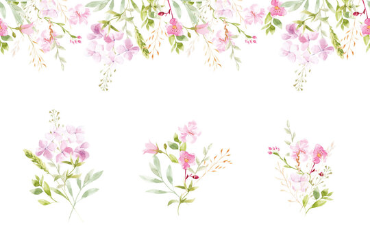 Watercolor girl baby shower illustration and seamless border. pink booties and flowers on white background. Cute childrens birthday illustration for invitations or greeting cards.