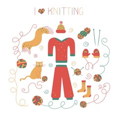 Knitting, hand line icons composition in doodle style. For a yarn shop or tailor. Vector illustration.