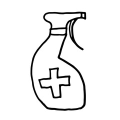 Doodle illustration of sanitizer bottles. Coronavirus prevention - hand washing, disinfection, use of rubber gloves and masks