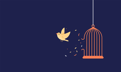 Bird breaking out of cage to gain freedom - Vector illustration with copy space for text. - obrazy, fototapety, plakaty