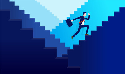 Looking for success - Businessman running up a maze of infinite stairs searching for the right path. Vector illustration.