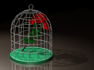 Bouquet of roses on the bird cage. 3D, illustration.