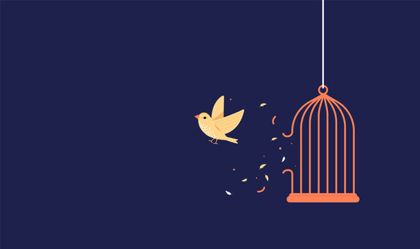 Bird breaking out of cage to gain freedom - Vector illustration with copy space for text.