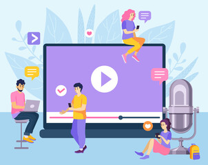 Live streaming, broadcast concept. People watching and sharing online video. Digital internet television, web videos player or social media live stream vector concept illustration. Online video stream