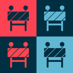 Pop art Road barrier icon isolated on color background. Symbol of restricted area which are in under construction processes. Repair works. Vector Illustration.