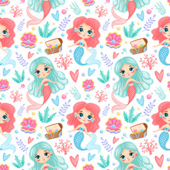Cute cartoon mermaids seamless pattern. Underwater pattern. Ocean pattern. Fairy tale pattern.