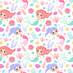 Cute cartoon mermaids seamless pattern. Underwater pattern. Ocean pattern. Fairy tale pattern.