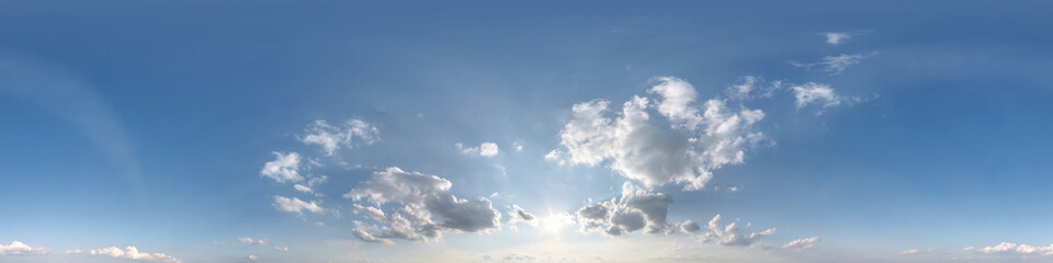 clear blue sky with white beautiful clouds. Seamless hdri panorama 360 degrees angle view  with zenith for use in 3d graphics or game development as sky dome or edit drone shot