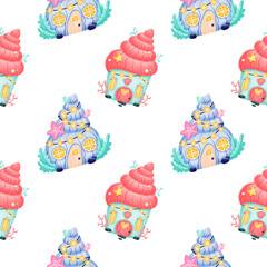 Cute cartoon mermaids seamless pattern. Mermaid castle pattern. Mermaid house pattren. Underwater world pattern. Fairy tale pattern.
