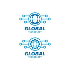 Set of colored illustration of a globe, gear, text on a white background. Vector illustration for logo, emblem, symbol, sticker. Global technology logo.