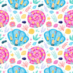 Naklejka premium Cute cartoon mermaids seamless pattern. Mermaid castle pattern. Mermaid house pattren. Underwater world pattern. Fairy tale pattern.