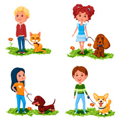 
Children walk with their pets. Set of four vector illustrations of boys and girls with dogs and cat isolated on white background.
