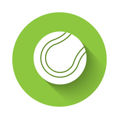 White Tennis ball icon isolated with long shadow. Sport equipment. Green circle button. Vector.