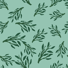 Random seamless doodle nature pattern with green leaves branches. Blue background.