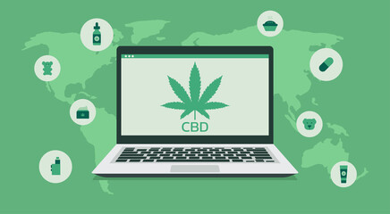 online store of cannabis on laptop monitor around the world concept with hemp leaf icon and CBD products icon, vector flat illustration