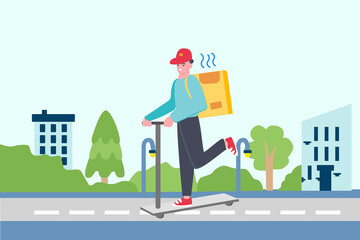 Courier man on scooter with yellow parcel box on the back. Fast and free delivery. Vector cartoon illustration. Food service.