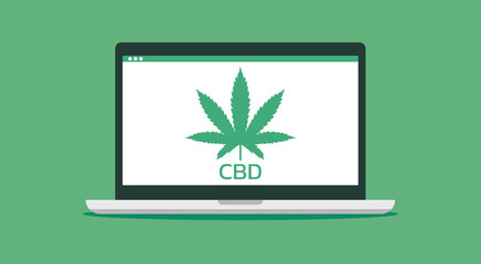 cannabis online shopping on laptop monitor concept with CBD leaf icon, vector flat illustration