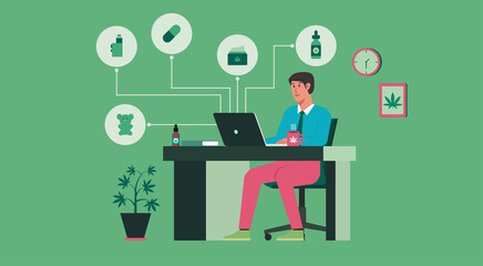 man using laptop for online shopping to purchase CBD products in the office, vector flat illustration