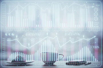 Double exposure of forex chart over coffee cup background in office. Concept of financial analysis and success.