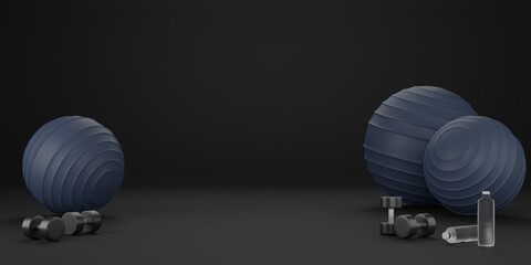 Metal dumbbell, blue fit-ball and drinking water bottle. Equipment for fitness on black background. 3D Rendering