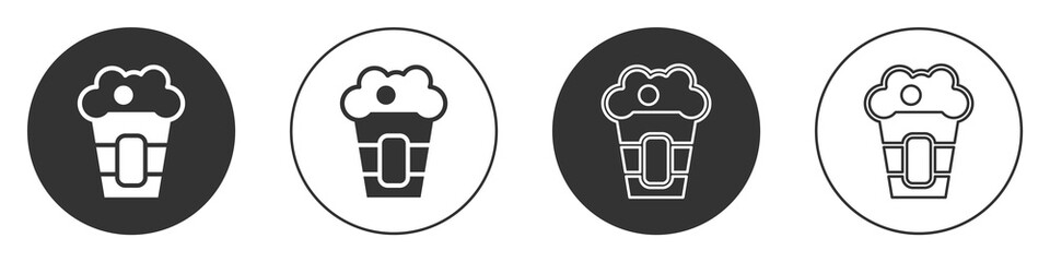 Black Popcorn in cardboard box icon isolated on white background. Popcorn bucket box. Circle button. Vector.