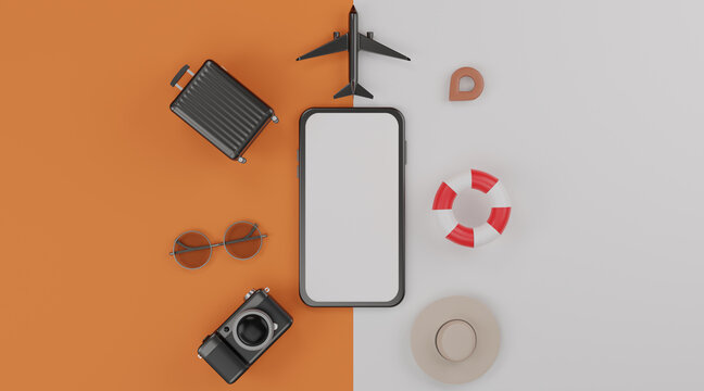 White screen mobile mockup, swimming rubber ring, airplane, hat, suitcase, camera and sunglasses over orange background travel concept. 3d rendering