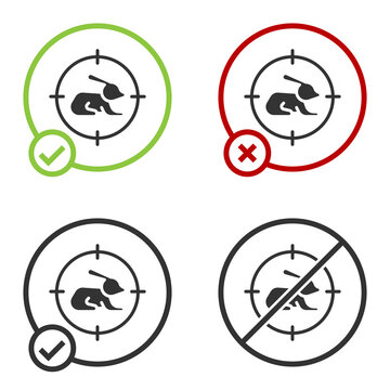 Black Hunt on rabbit with crosshairs icon isolated on white background. Hunting club logo with rabbit and target. Rifle lens aiming a hare. Circle button. Vector.