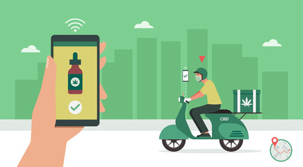 CBD delivery concept, delivery man riding bike on the way to customer home, human hand using smartphone with mobile app order cannabis online, smart logistic, vector flat illustration