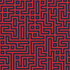 Seamless red and black maze background. Vector geometric pattern.