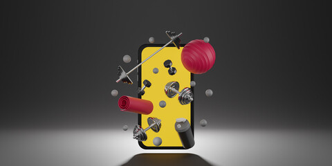 Sport fitness equipment : yellow screen mobile mockup, red yoga mat, fit ball, bottle of water, dumbbells and barbell on black background.  3D rendering.