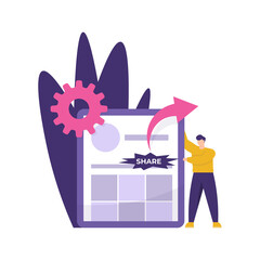the concept of social media planner or Strategies, digital marketing. metaphor illustration of a male manager who manages media social accounts to attract viewers and share posts. flat style design