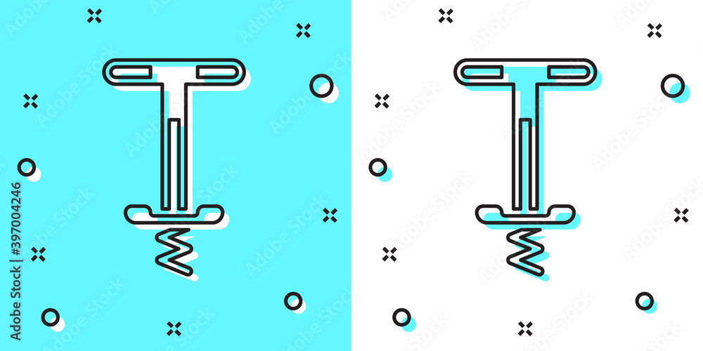 Poster black line pogo stick jumping toy icon isolated on green and white background. random dynamic shapes