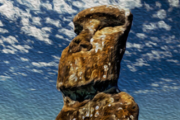 Fototapeta premium Old monolithic human figures called Moai carved by the Rapa Nui people on fields at Easter Island. A World Heritage Site located in the middle of the Pacific Ocean on western Chile. Oil paint filter.