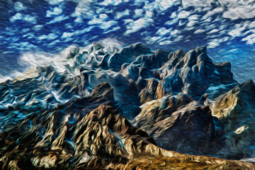 Mountain landscape with peaks and blue sky in Torres del Paine National Park. A gorgeous park encompassing mountains, glaciers, lakes, and rivers in southern Chilean Patagonia. Oil paint filter.