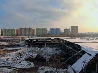 Aerial view demolition of old buildings and structures for the construction of new residential buildings. Reinovation of housing in Moscow.