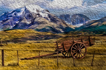 Fototapeta na wymiar Mountain landscape with wagon in the foreground at Torres del Paine National Park. A gorgeous park encompassing mountains, glaciers, lakes, and rivers in southern Chilean Patagonia. Oil paint filter.