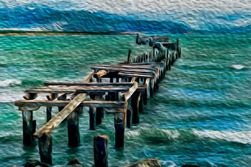 Old deactivated and semi-destroyed pier heading towards the sea of the Magellan Strait. A rough region with unpredictable winds and currents in southern Chilean Patagonia. Oil paint filter.