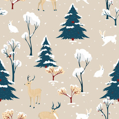 Winter seamless pattern with animals in the forest

