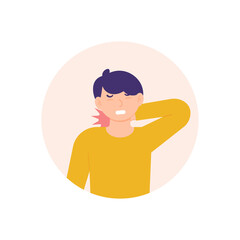 illustration of a man holding his neck because the neck feels stiff and sore. experiencing neck pain, muscle pain, osteoarthritis, pinched nerves, rheumatism, and fibromyalgia. flat style design