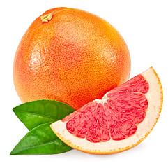 sliced grapefruit with green leaves isolated on white background. full depth of field. clipping path