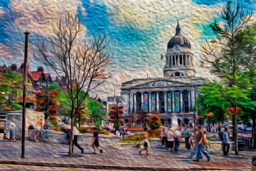 Fototapeta na wymiar Square with pedestrians and the Council House on background, in a bucolic summer day at Nottingham. A city famous for its link to the Robin Hood legend, in central England. Oil paint filter.