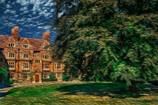 Gothic facade of old building in front of grassy courtyard with big tree in Cambridge. A beautiful and peaceful university town in eastern England. Oil paint filter.